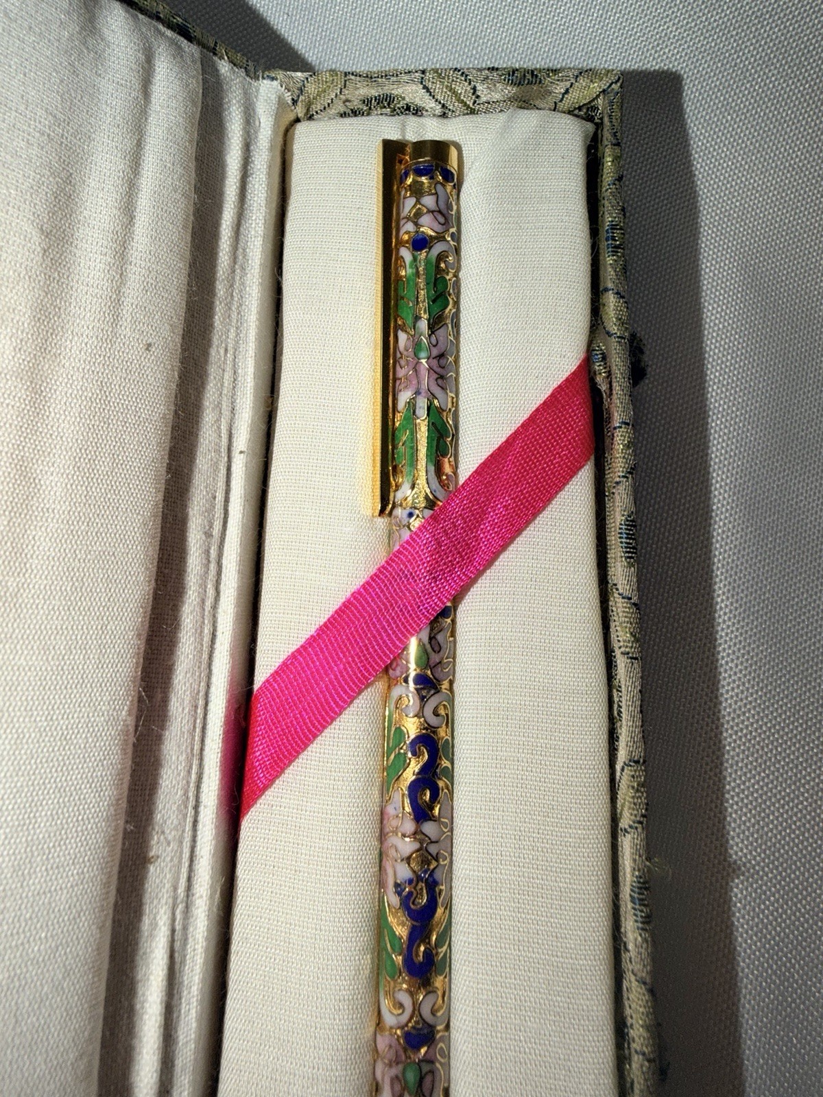 Vintage Chinese Cloisonne Ballpoint Pen Floral Enamel With Original Box