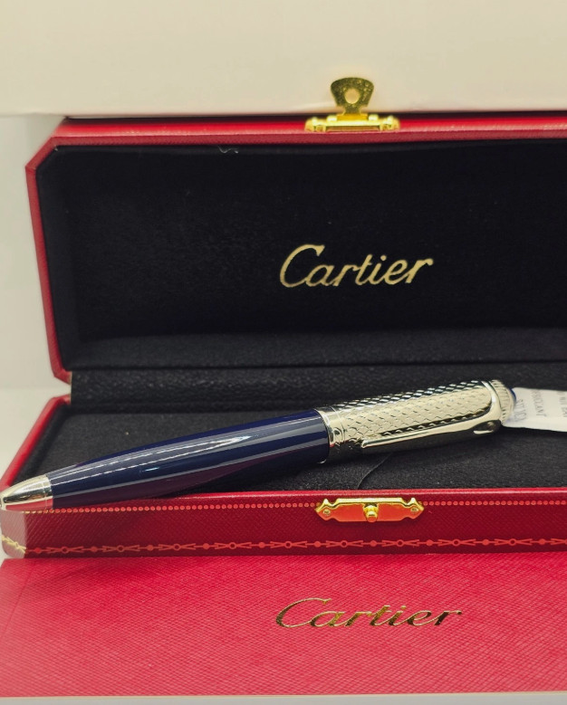 Cartier Guilloche Iced Blue Lacquer Ballpoint Pen Silver Trim Luxury Gift Box
