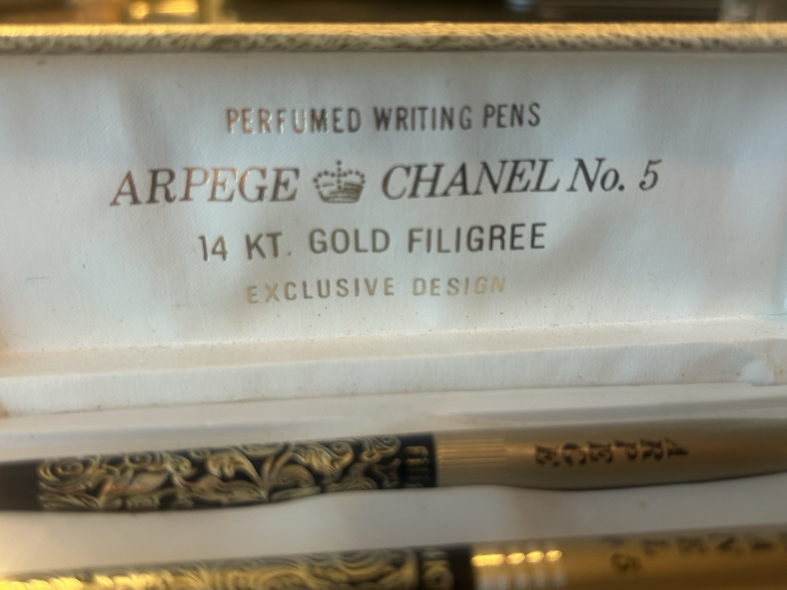 Vintage Arpege & Channel No. 5 Perfumed Writing Pens 14k Gold Filigree Set
