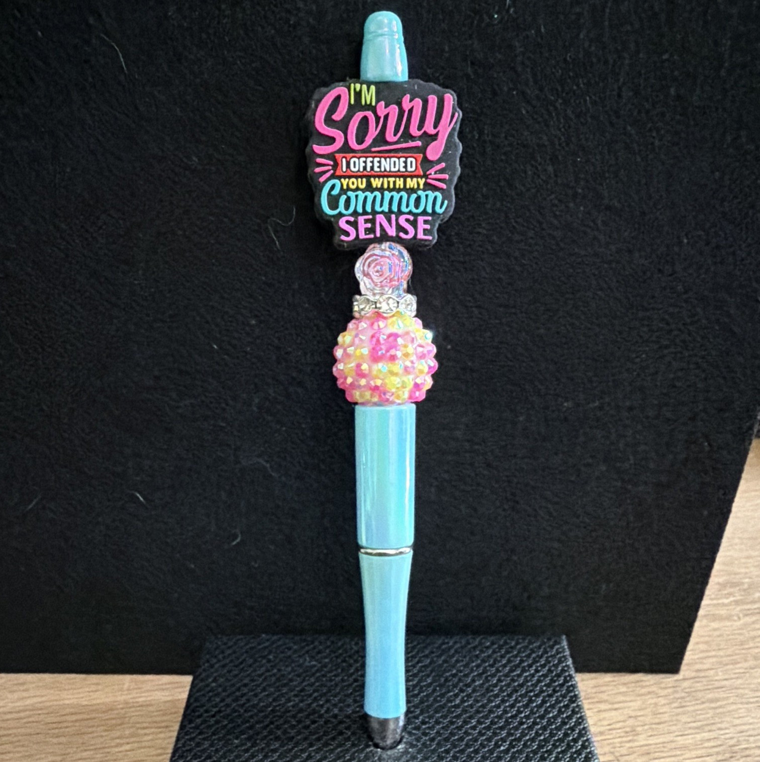 Plastic Novelty Ballpoint Pen w/ Rhinestone Beads & Common Sense Topper, Blue