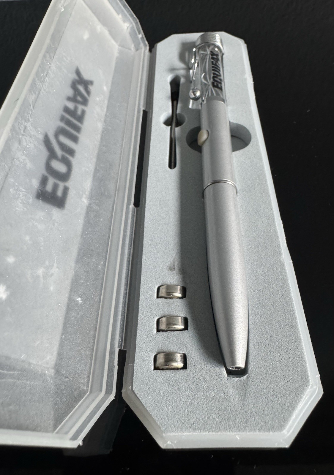 NEW EQUIFAX Branded Multicolor Lighted Pen Set + Batteries & Tool In Clear Case