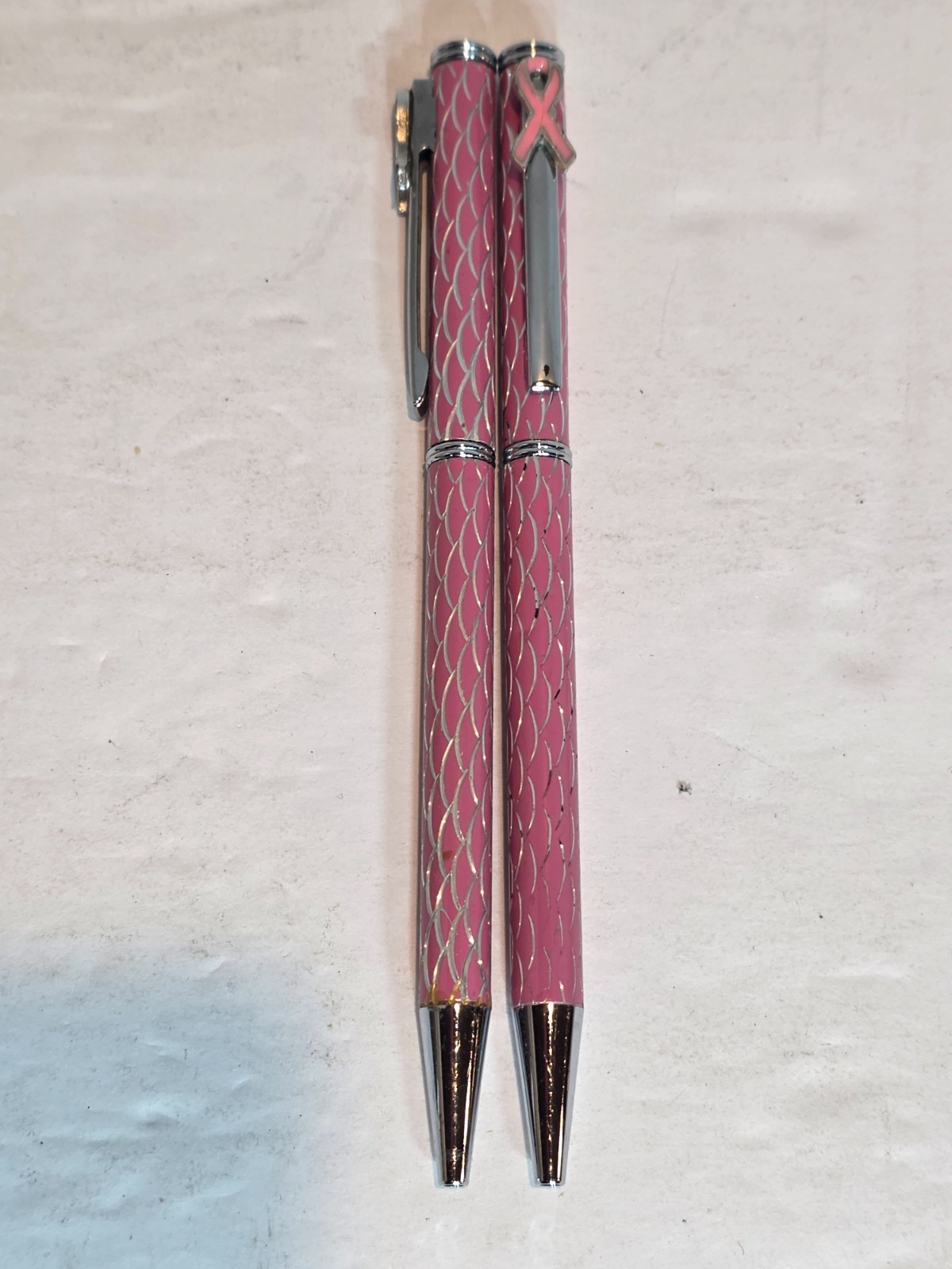 Think Pink! Breast Cancer Pens Pink Enamel Ink Pens Fishnet Ribbon