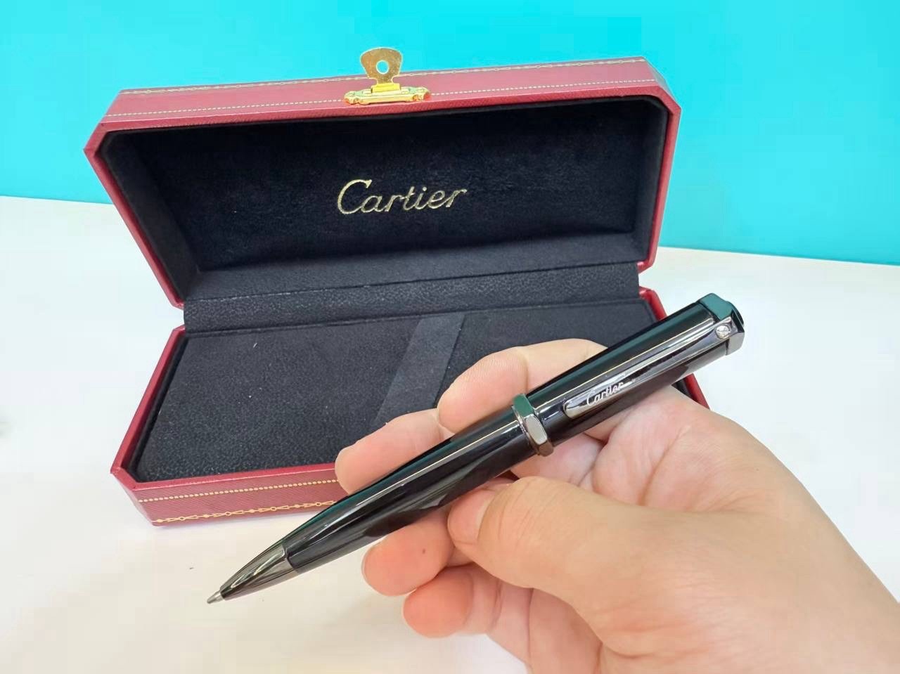 Cartier Black Silver Metal Ballpoint Pen Luxury Writing Instrument New Box