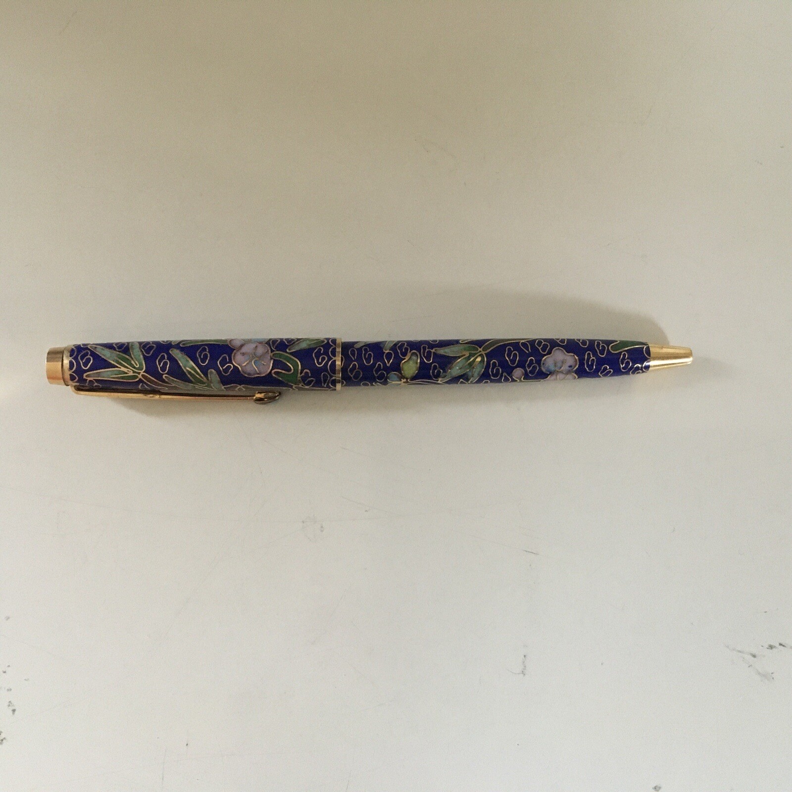 Vintage Chinese Cloisonne Enameled Ball Point Pen in Brocade Box