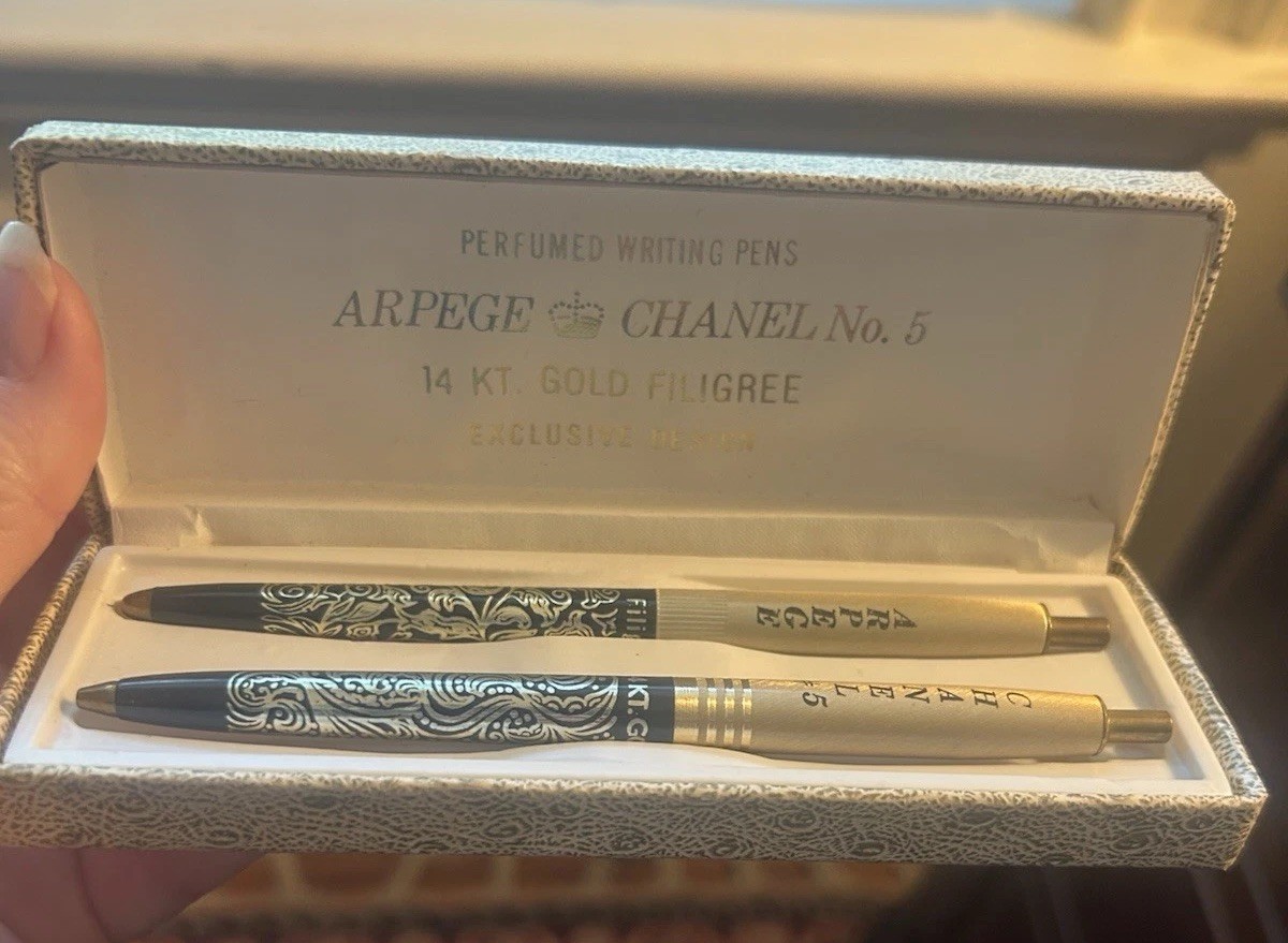Vintage Arpege & Channel No. 5 Perfumed Writing Pens 14k Gold Filigree Set