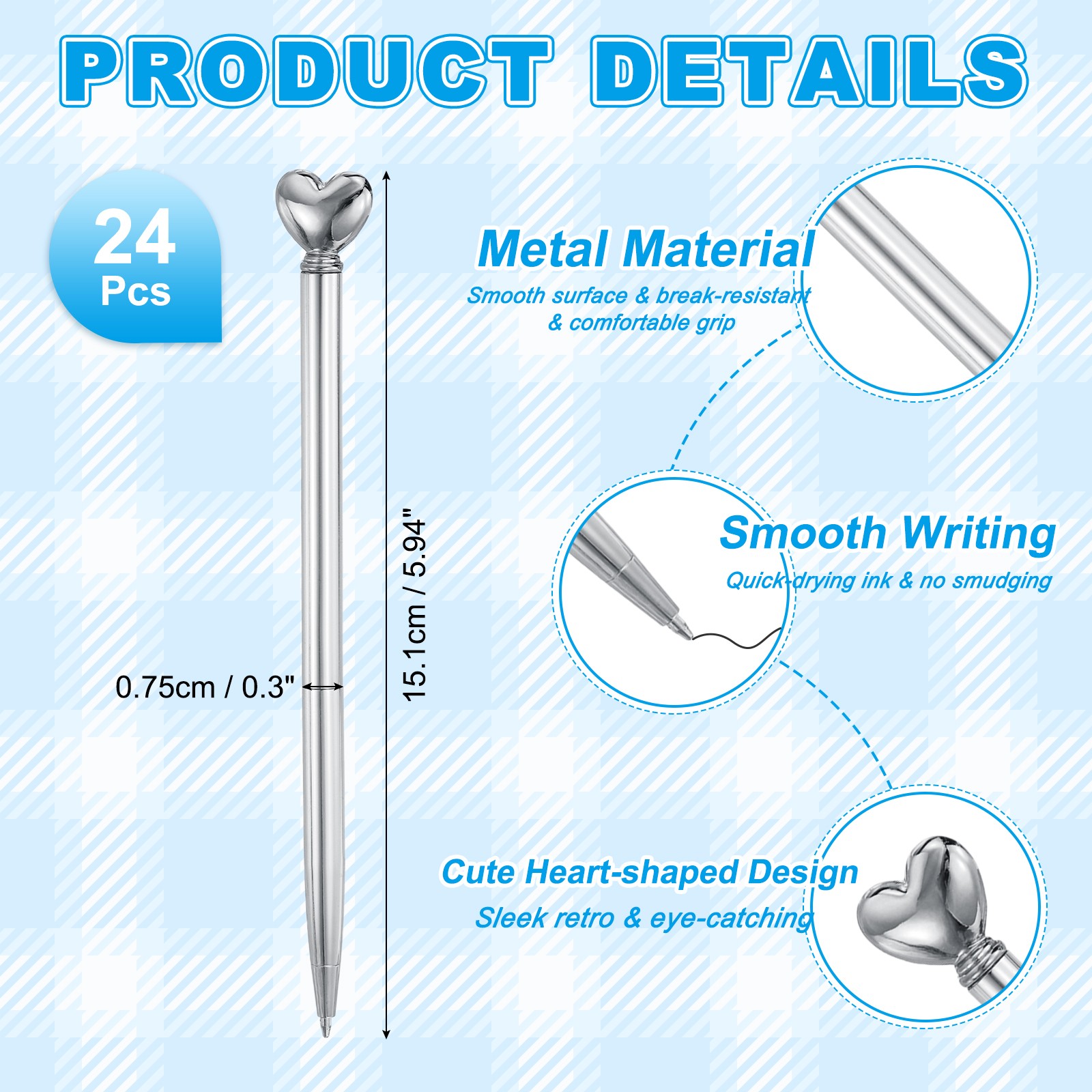 Heart Pens 1.0 mm Black Ink 24Pcs Metal Cute Pens Ballpoint Electroplated Silver