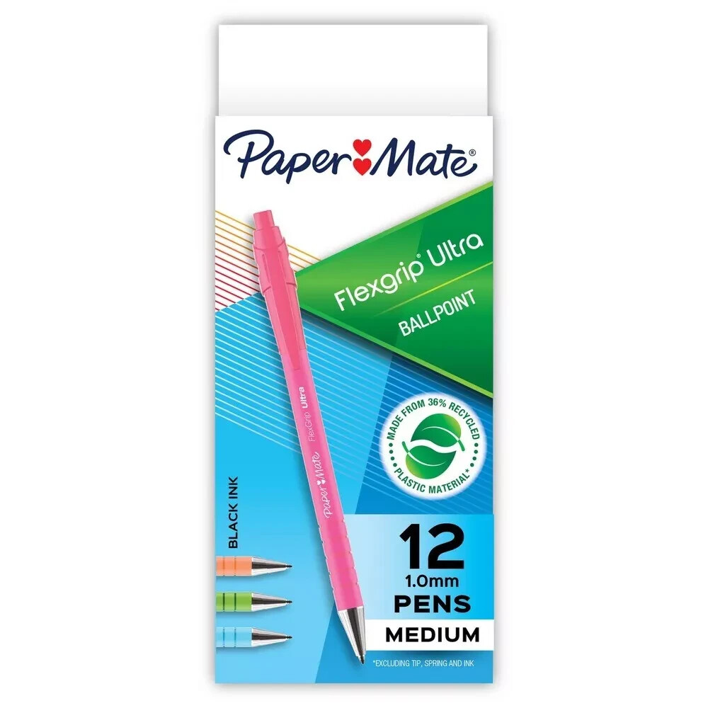 Paper Mate Flexgrip Ultra Black Med Pt Retractable Ballpoint Pen 2204001 12 Pens