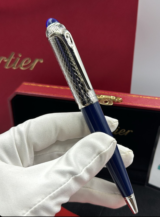 Cartier Guilloche Iced Blue Lacquer Ballpoint Pen Silver Trim Luxury Gift Box