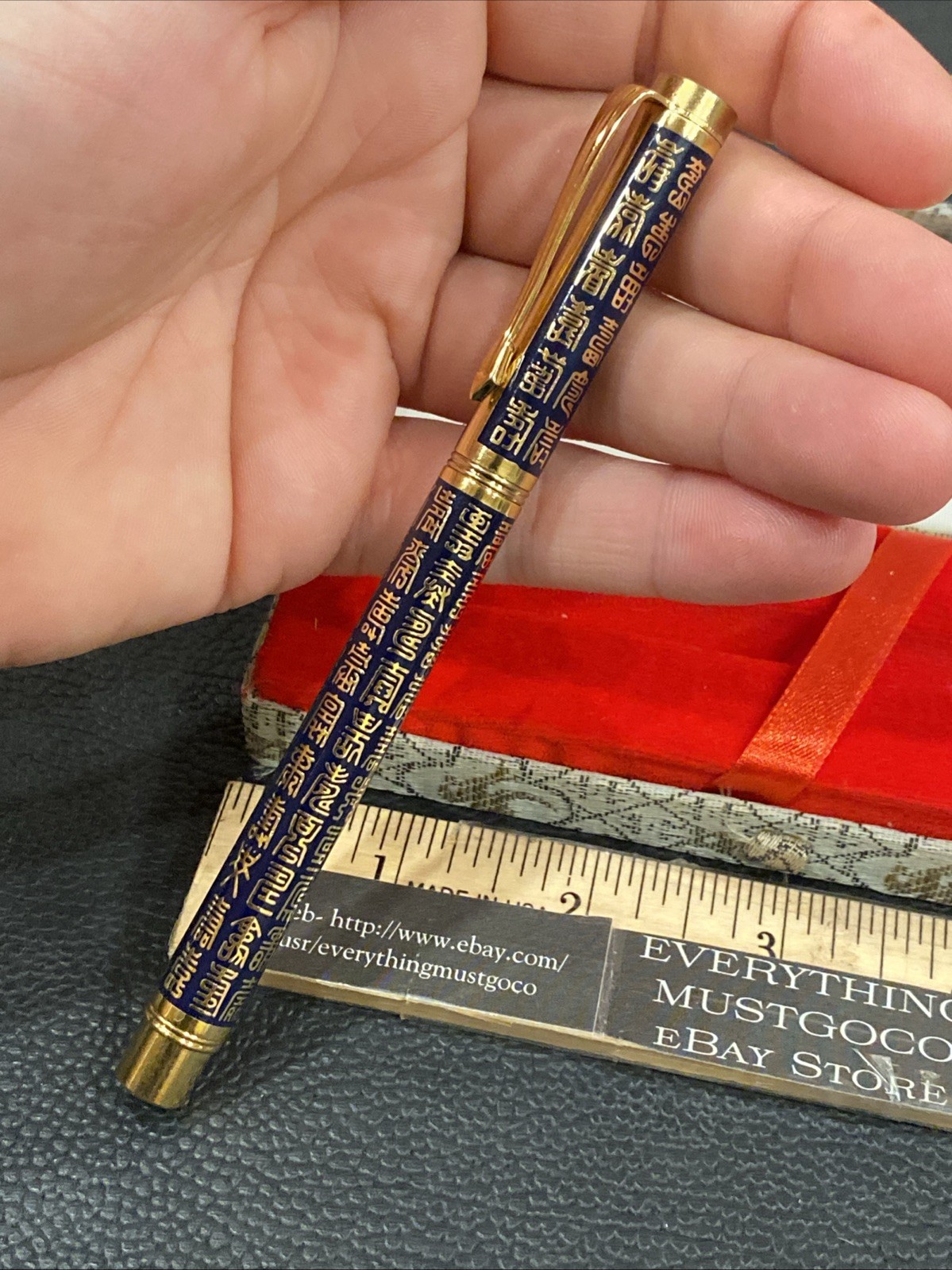 Vtg Chinese China Taraku Ballpoint Chinese Poem Lettering Gold Tone Pocket Clip