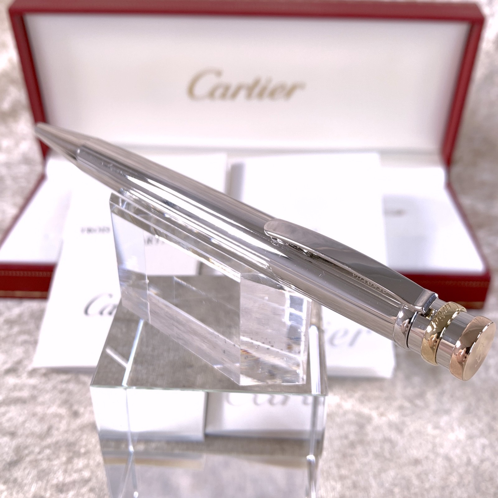 Cartier Ballpoint Pen Trinity Silver Godron Platinum Finish with Case & Papers