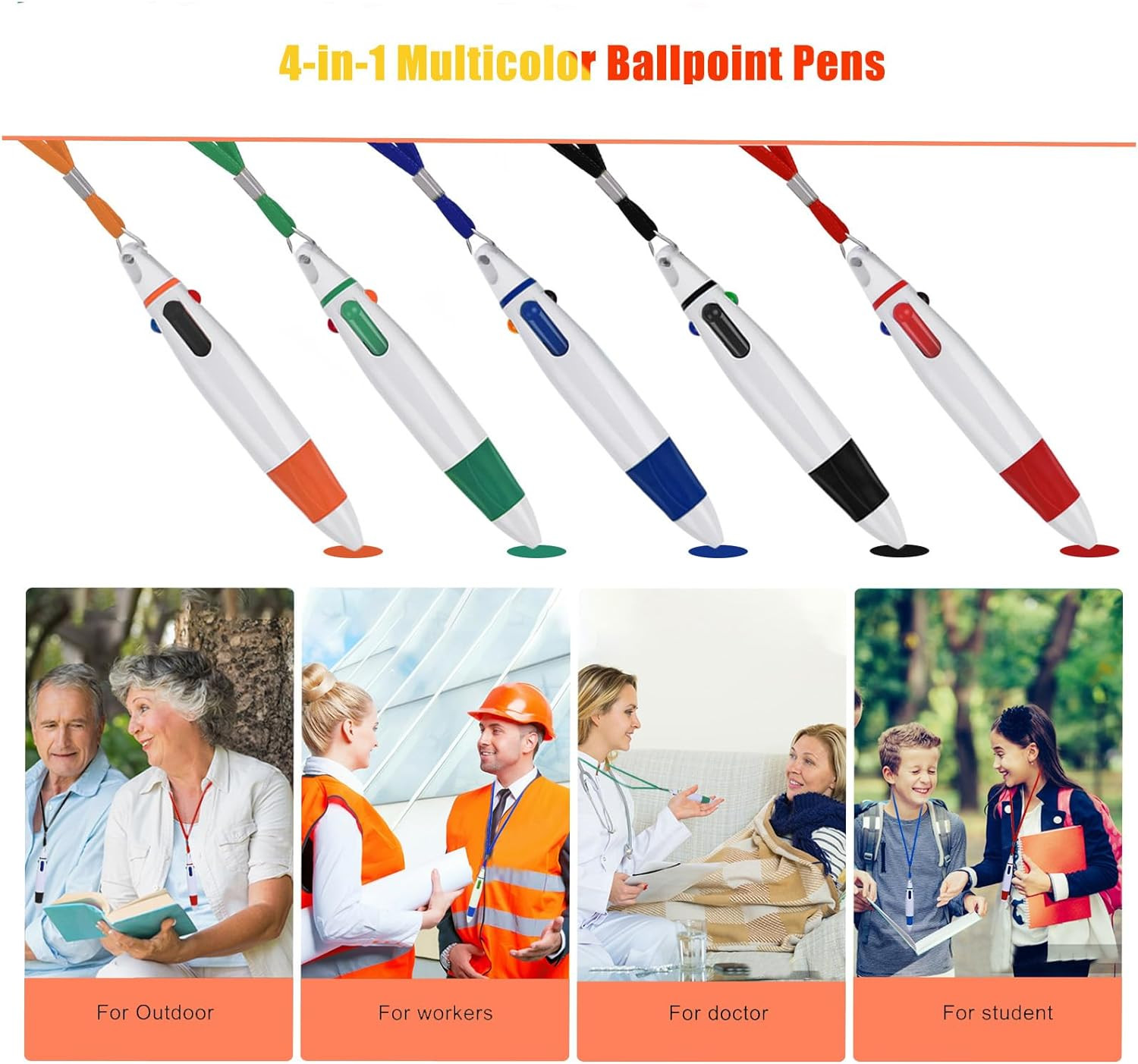 5 Pcs Retractable Pen with Lanyard, Neck Pens Multicolor Pen Rope Shuttle Pen 4