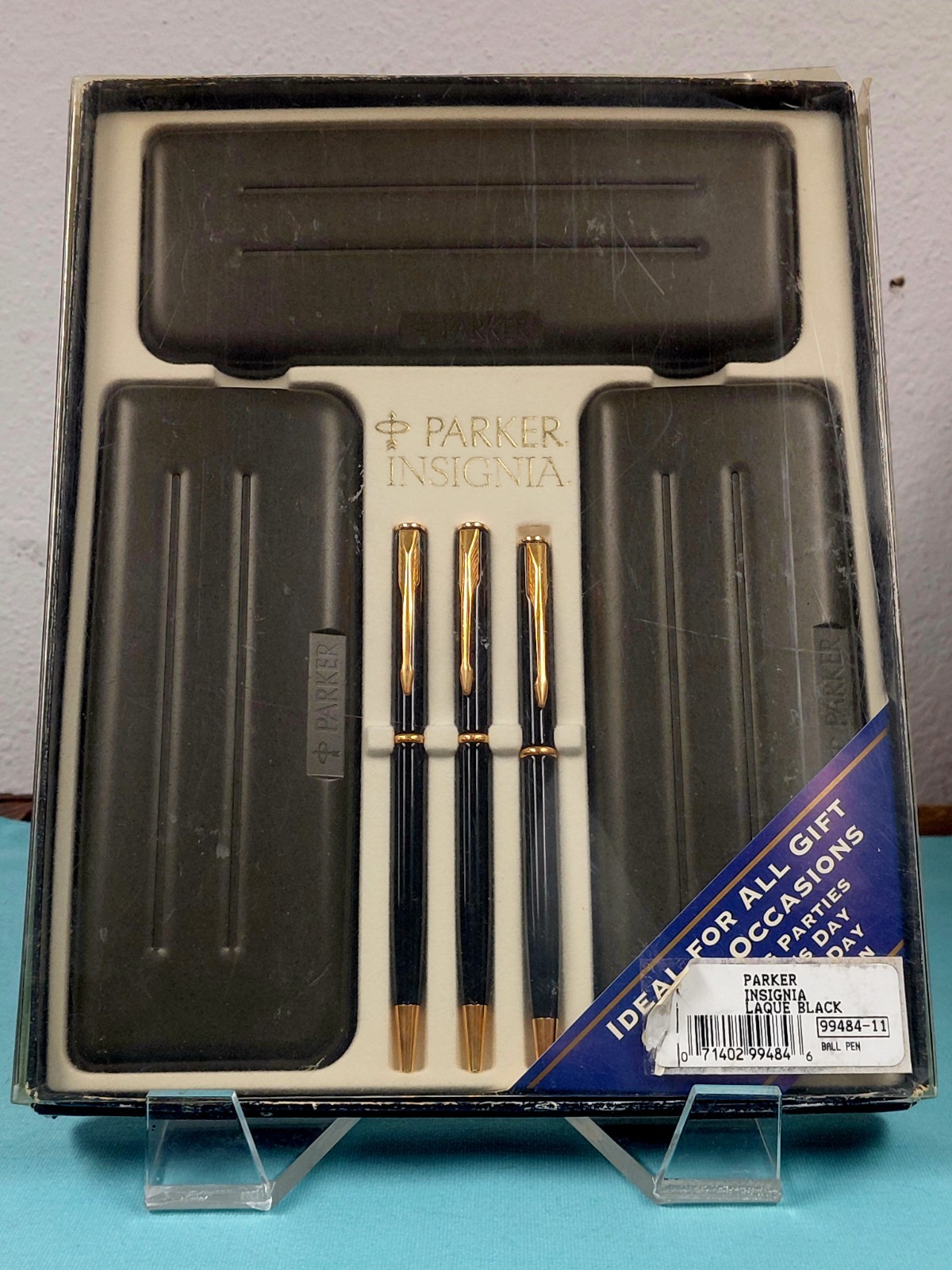 Parker Insignia Black Lacquer Ballpoint Pen 3 Pack w Hard Shell Case New NIB NOS