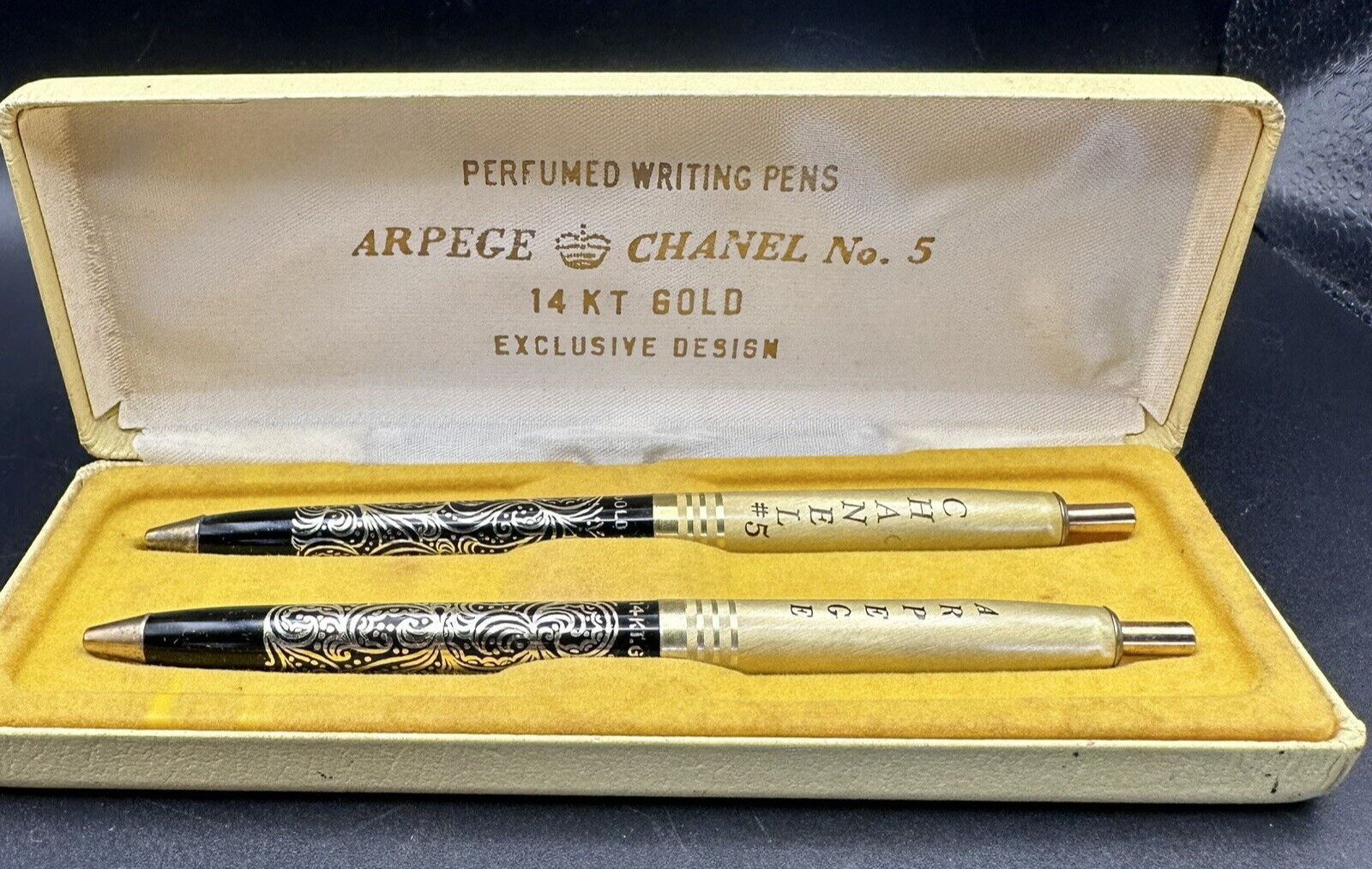 Arpege Chanel No. 5 14k Perfumed Gold Ballpoint Pen Set in Original Box Vintage