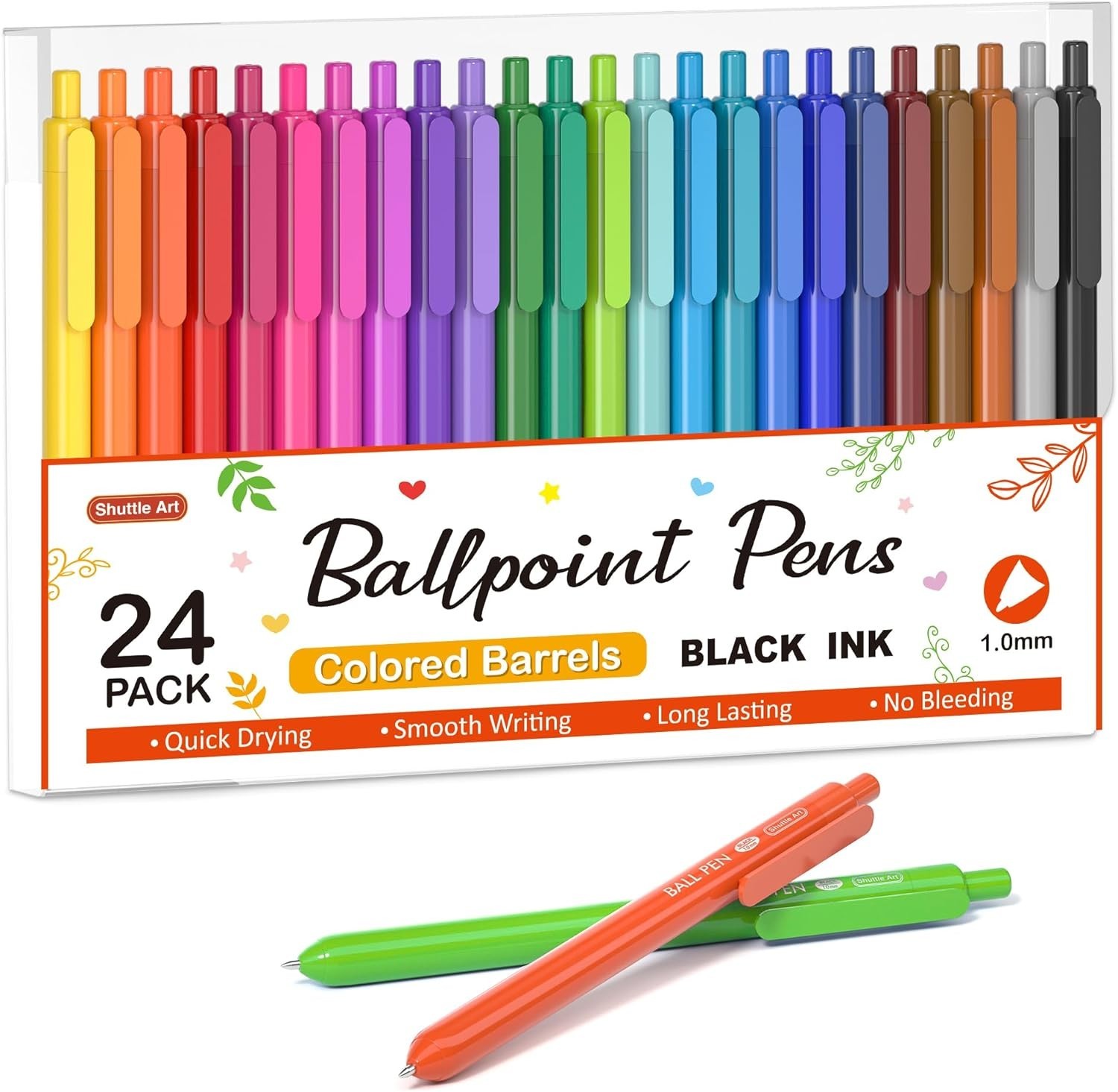 24 Count Colored Ballpoint Pens: Retractable, Quick Drying & Comfortable