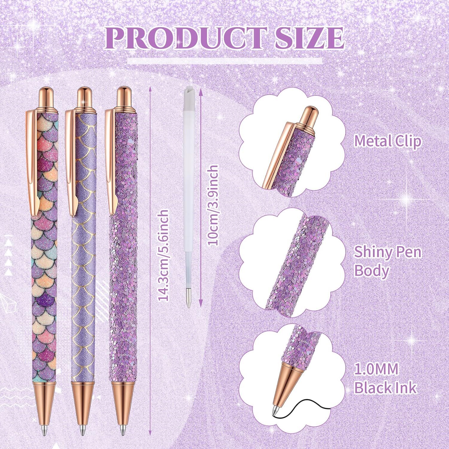 7 Pcs Fancy Pens for Women Cute Pens Glitter Pens – 10 Pcs Black Ink Refills