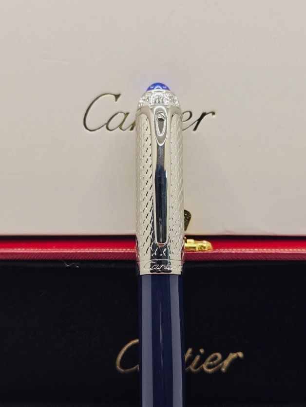 Cartier Guilloche Iced Blue Lacquer Ballpoint Pen Silver Trim Luxury Gift Box