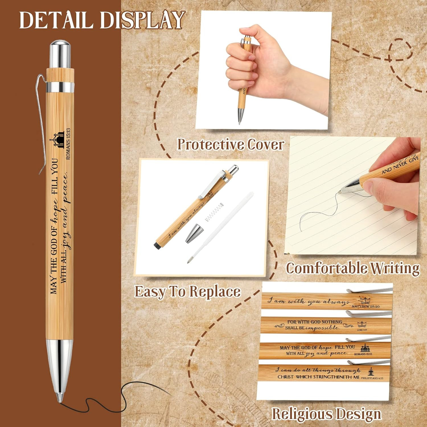 10 Pcs Bible Verse Pens Bamboo Christian Pen Wooden Retractable Bible Pen 1 mm I