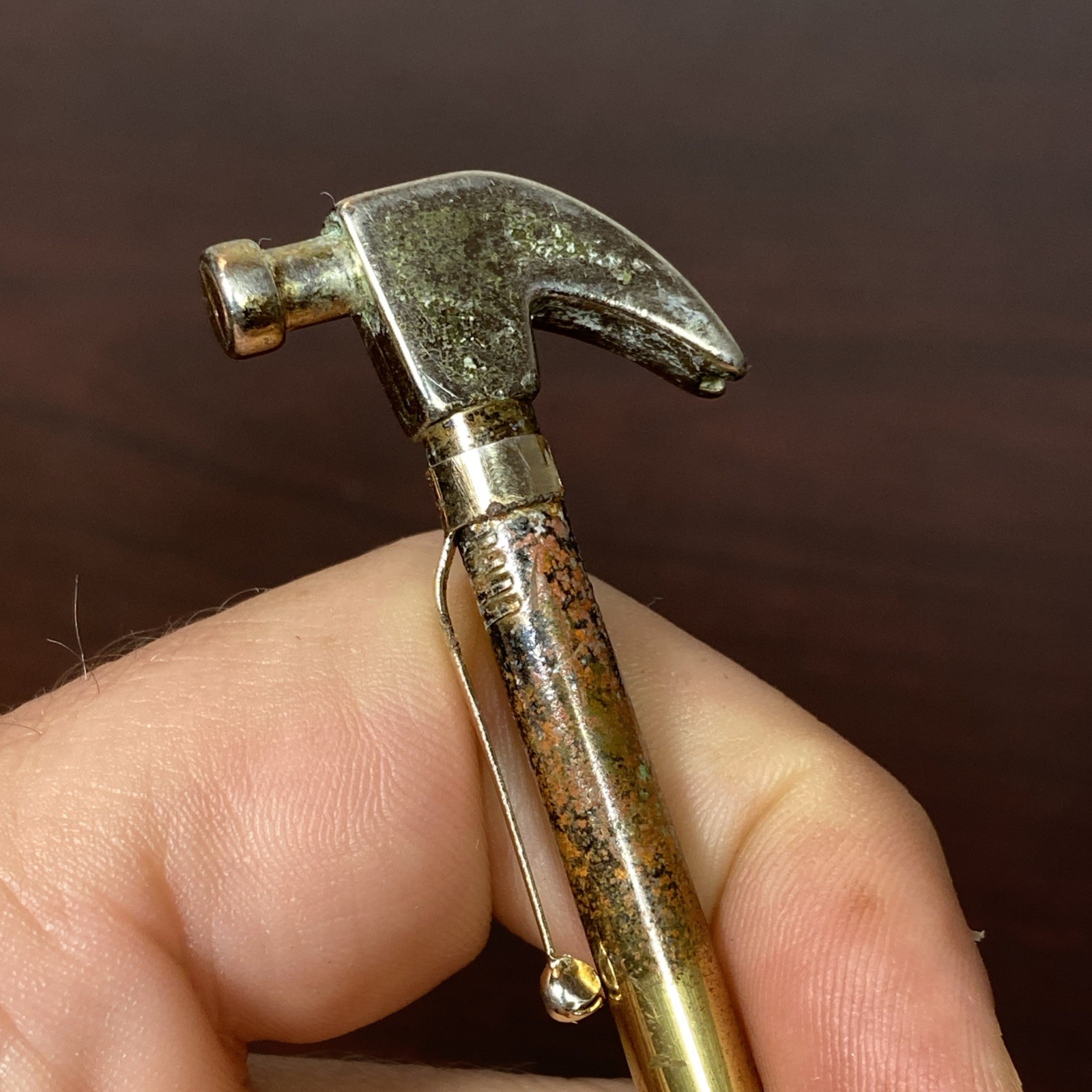 Vtg GOLD TOLD Brass Mini Carpenter HAMMER BALL POINT PEN POCKET CLIP USA Novelty