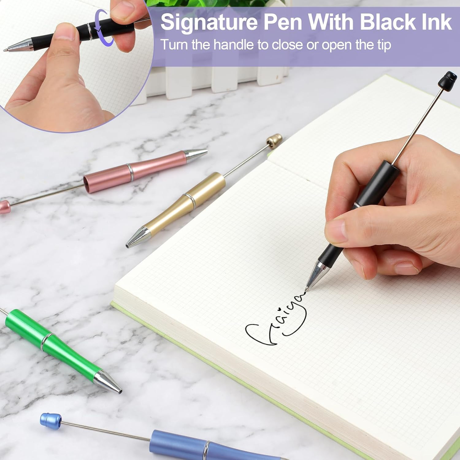 15 PCS Beadable Pens, Beadable Pens Bulk Colored Plastic, Black Ink Beaded Pe…