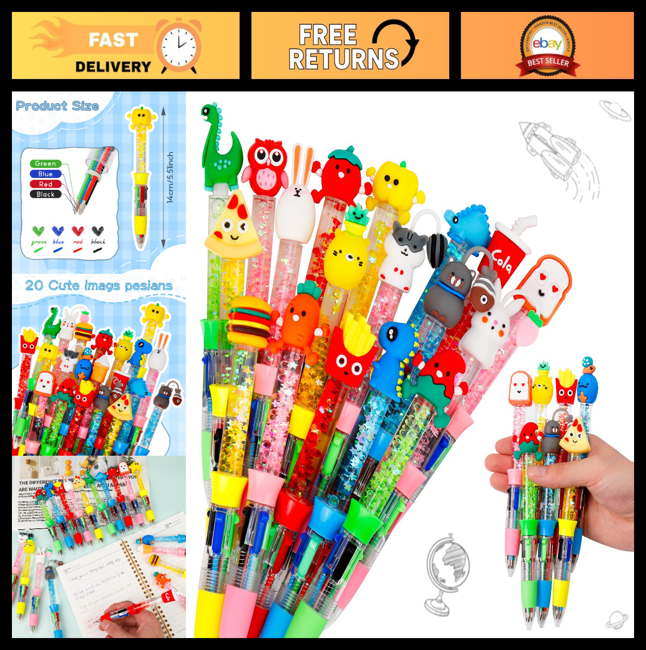 20Pcs Multicolor 4-in-1 Cute Ballpoint Pens for Kids, Fun Party Gifts, Kawaii In