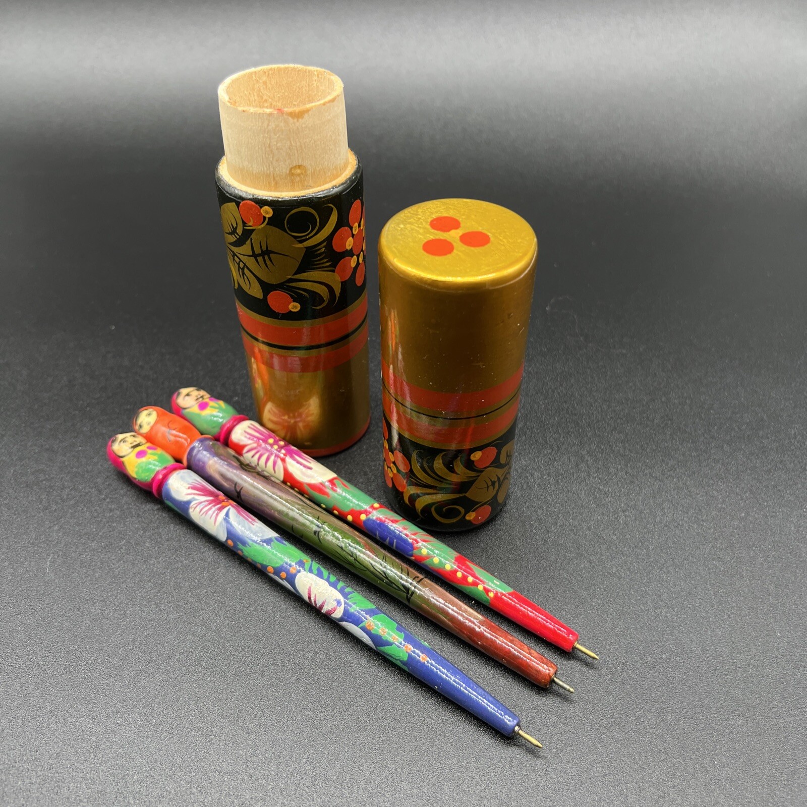 Hand Painted Wooden Pens Matryoshka Nesting doll Khohloma Russian With Holder!