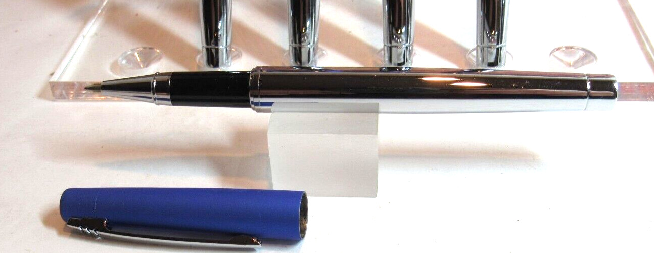 LOT OF 5 SLIM BLUE/CHROME Metal Rollerball Pen-lightweight, cap posts