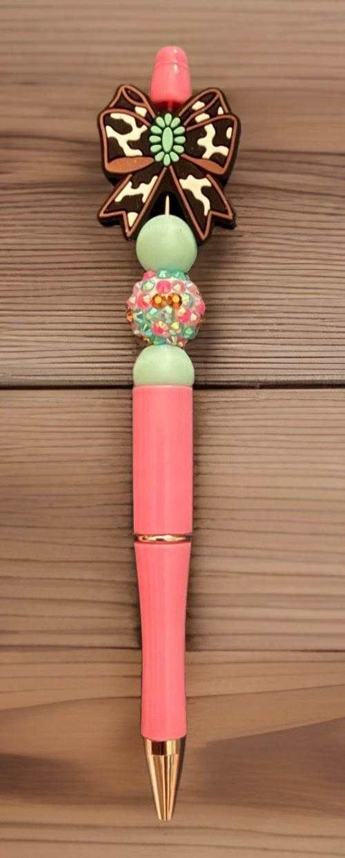 Pink and Blue Plastic Ballpoint Pen w/ Cow Print Bow Topper, Black Ink
