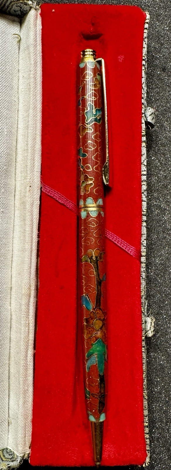 Chinese Cloisonne Pen Floral & Clouds Enameled Brass Ballpoint Pen with Silk Box