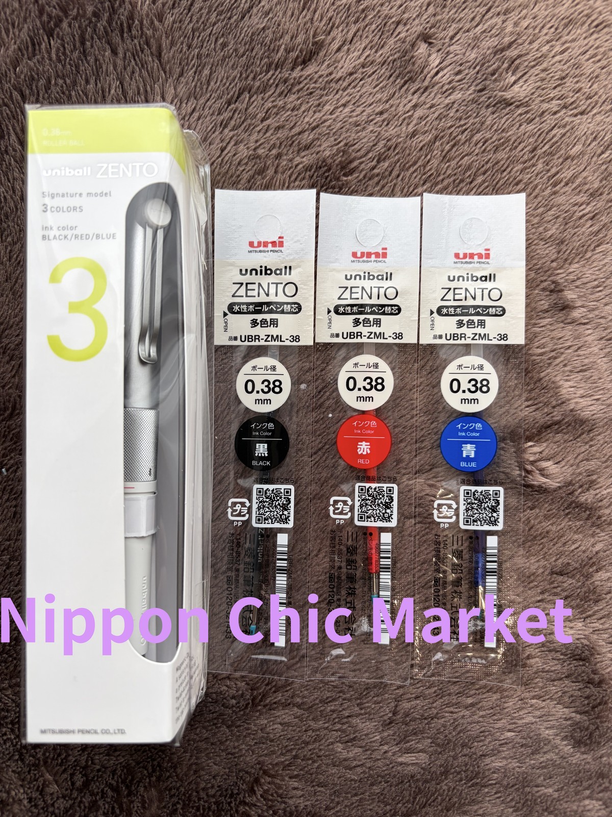 uniball ZENTO Signature 3-Color Ballpoint Pen 0.38mm Silver w/ 3 Refills Japan