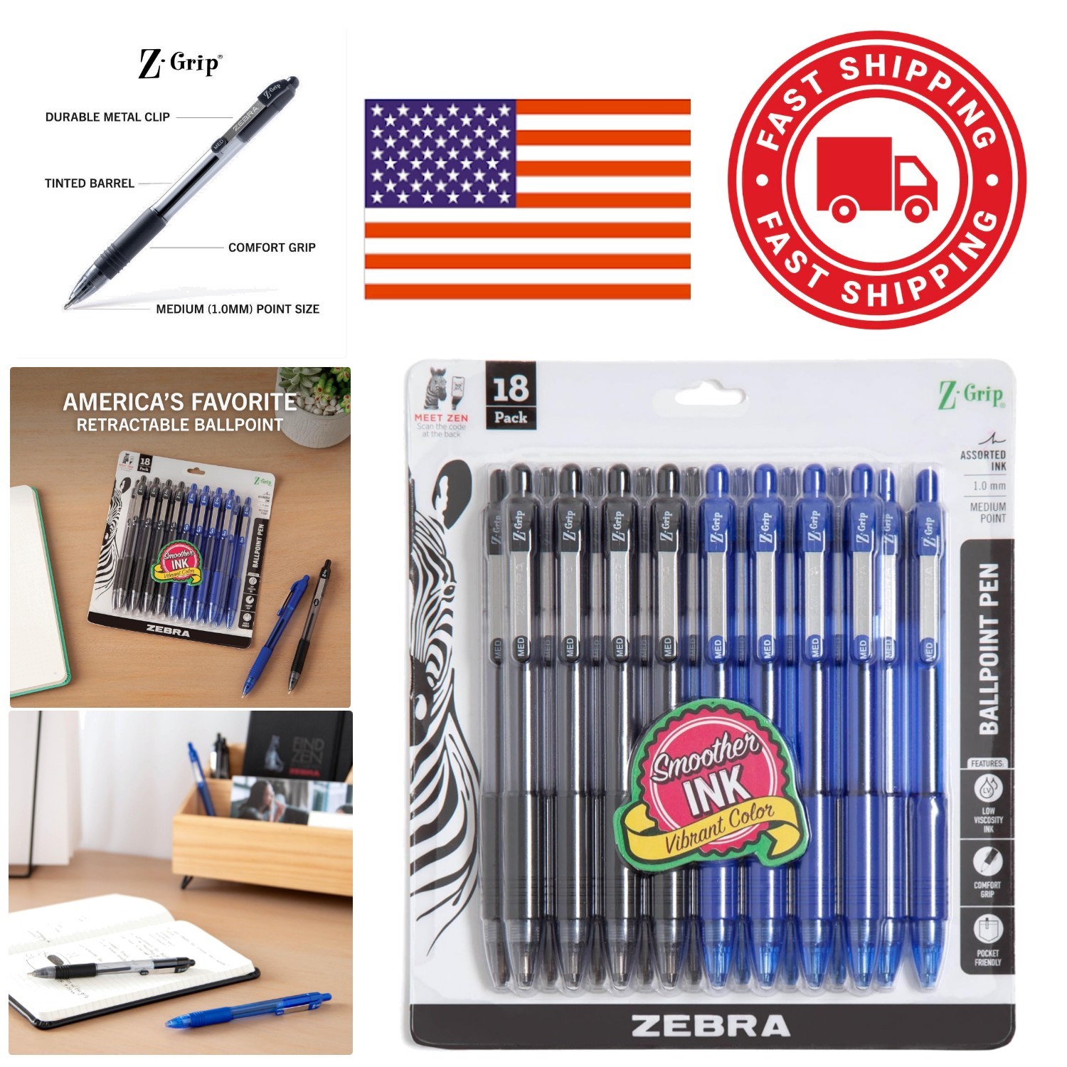 Soft Grip Ballpoint Pens 1.0mm Black and Blue Ink for Comfortable Writing