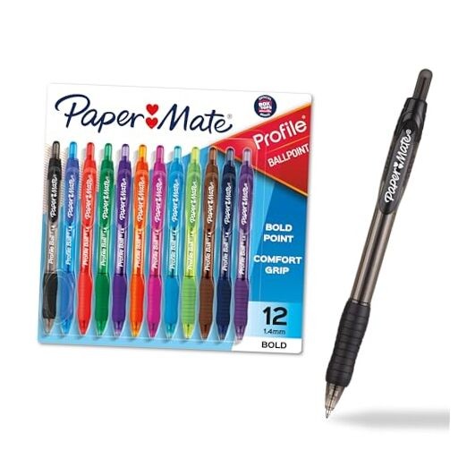 Paper Mate Profile Retractable Ballpoint Pens 12 Count (Pack of 1) Assorted