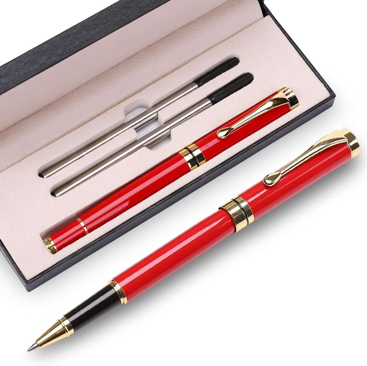 Luxury Red Gold Ballpoint Pen Set, 0.5mm Black Ink, Executive Office Gift Box