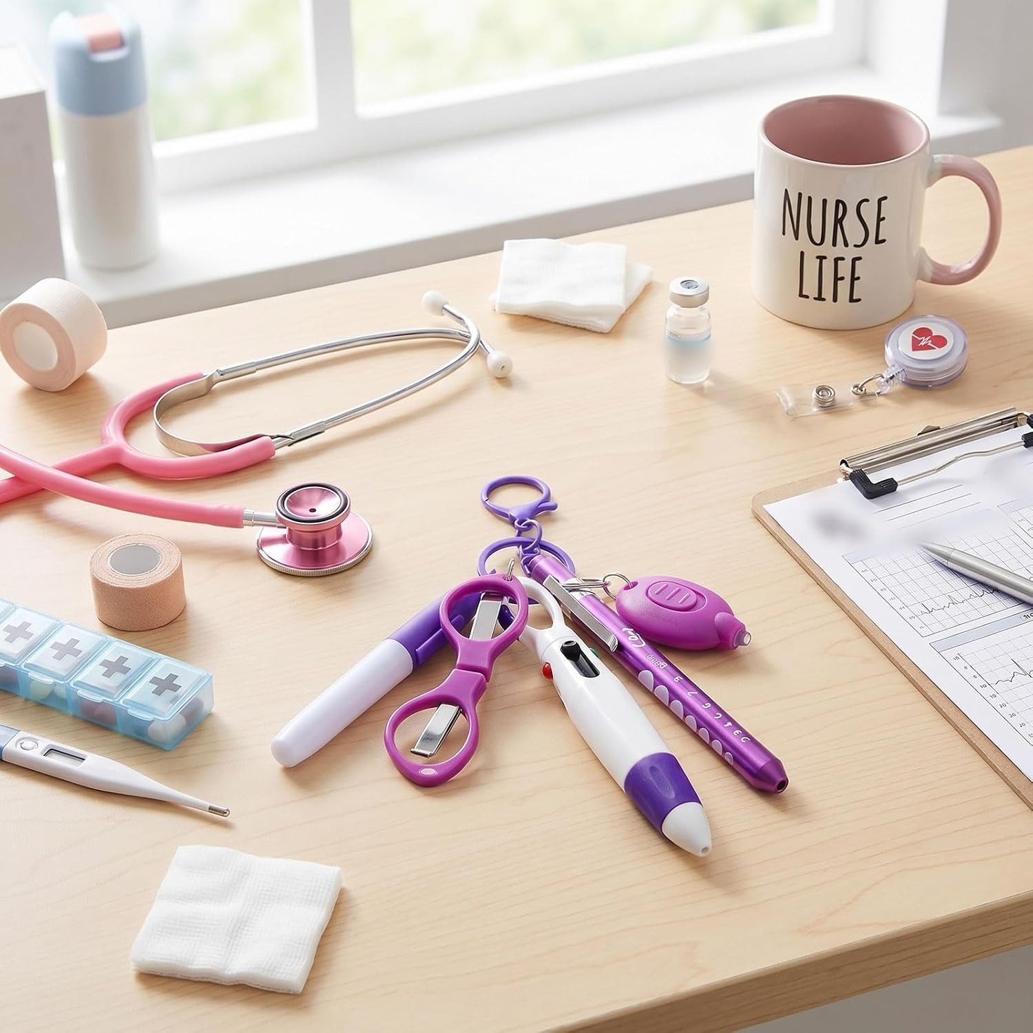 Essential Nurse Accessories Set: Retractable Pen, Scissors & Keychain Flashlight