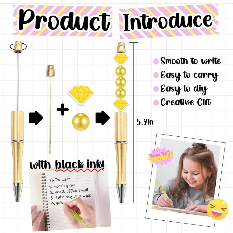 30Pcs Beadable Pens Bulk, Plastic Bead Pen Black Ink Ballpoint Pens, Diy Teacher