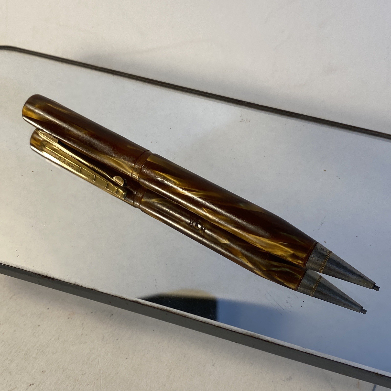 Antique Waltham Mechanical Pencil Gold and Brown Marbled Celluloid Art Deco