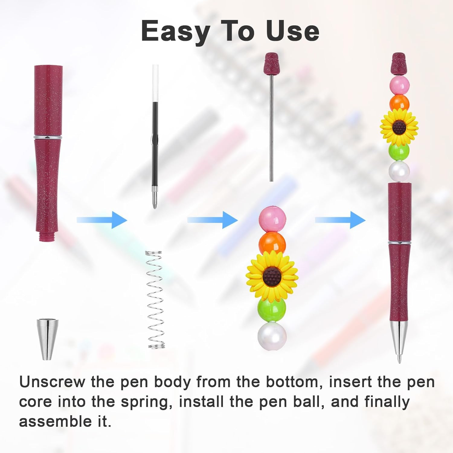 20 Pcs Beaded Pens, Beadable Pens Bulk Colored, Focal Bead Pen with 40Pcs Black