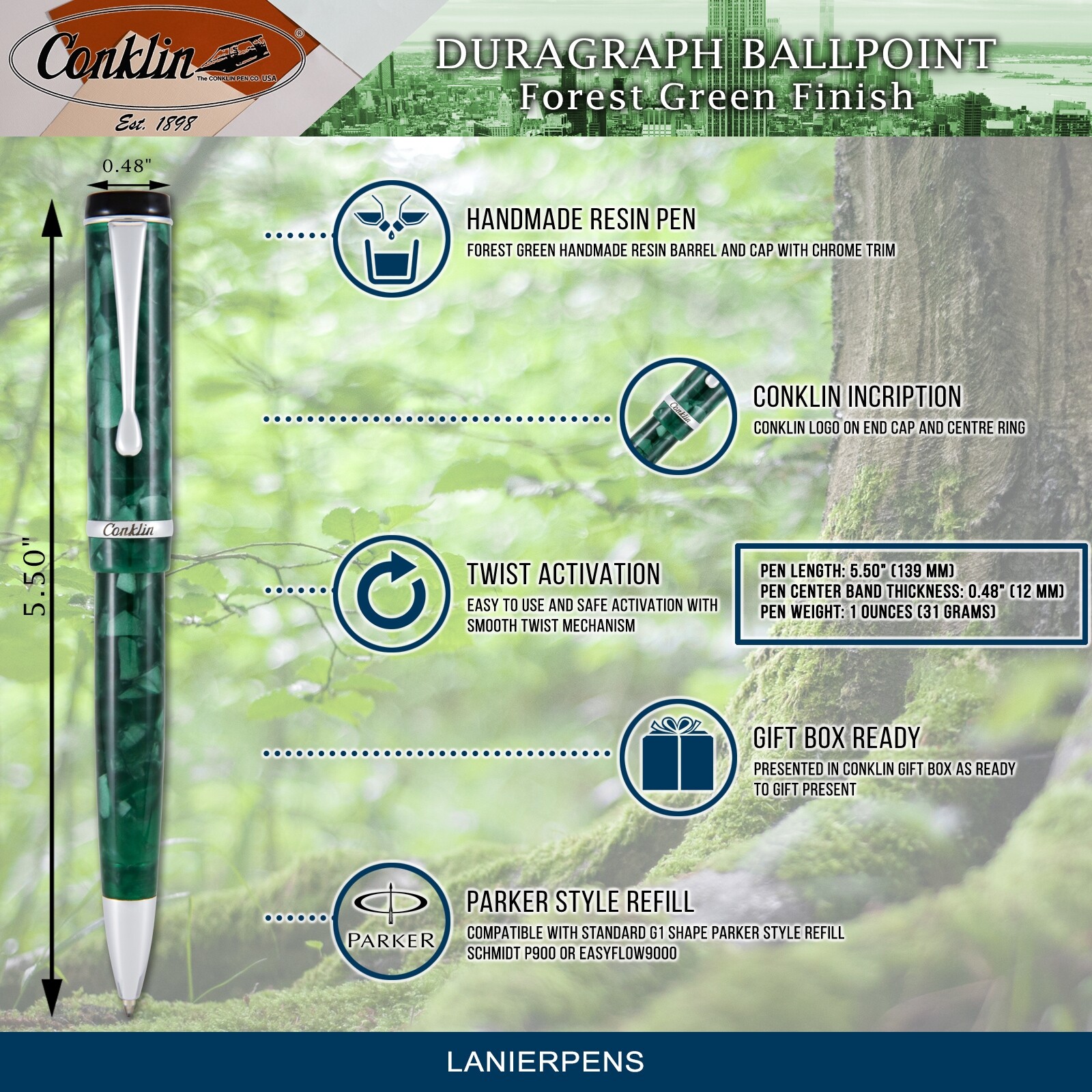 Conklin Duragraph Ballpoint Pen – Forest Green, With Medium Tip (CK71335)