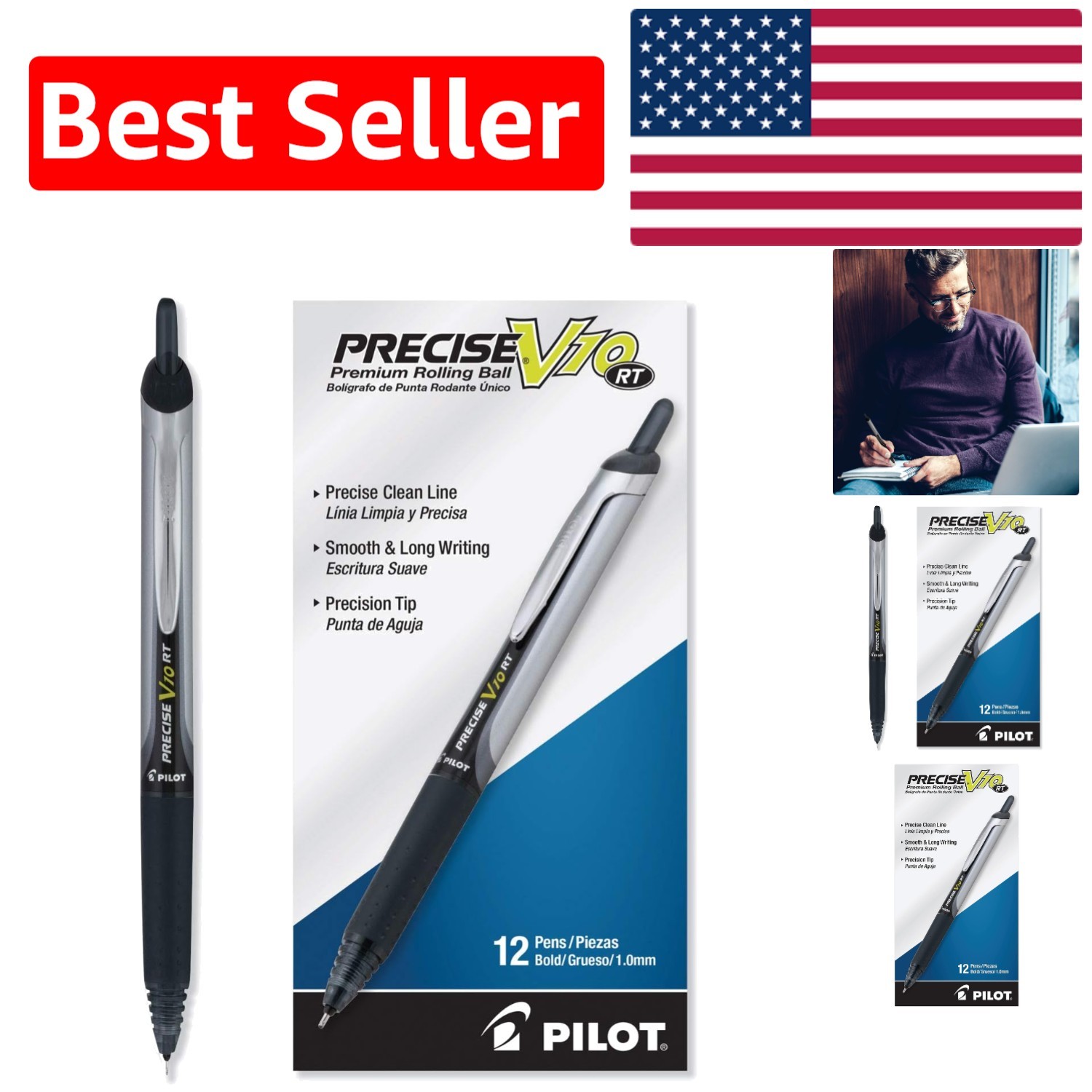 Erasable Black Ink Rollerball Pens – Precise V10 RT, 1 mm, Refillable, 12 Count