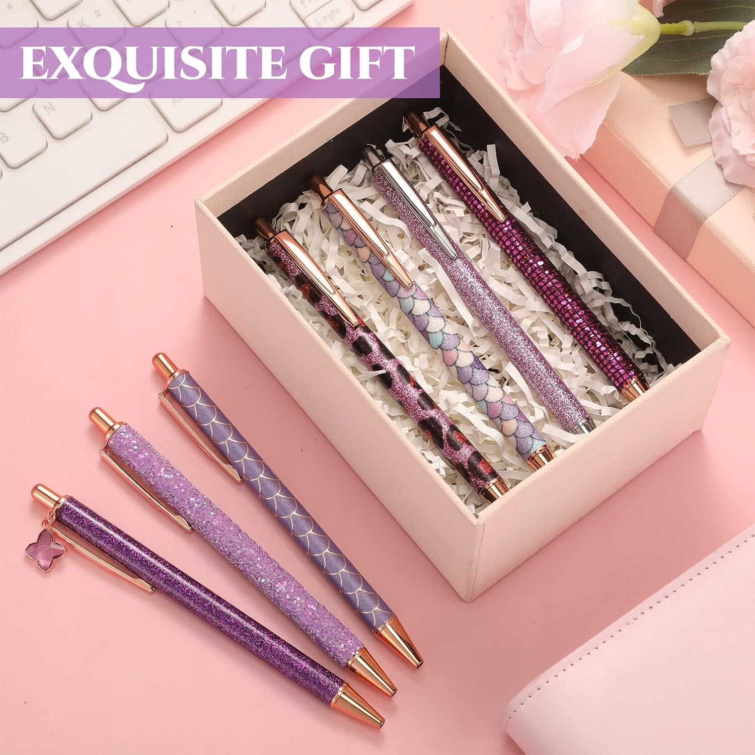 7 Pcs Fancy Pens for Women Cute Pens Glitter Pens – 10 Pcs Black Ink Refills