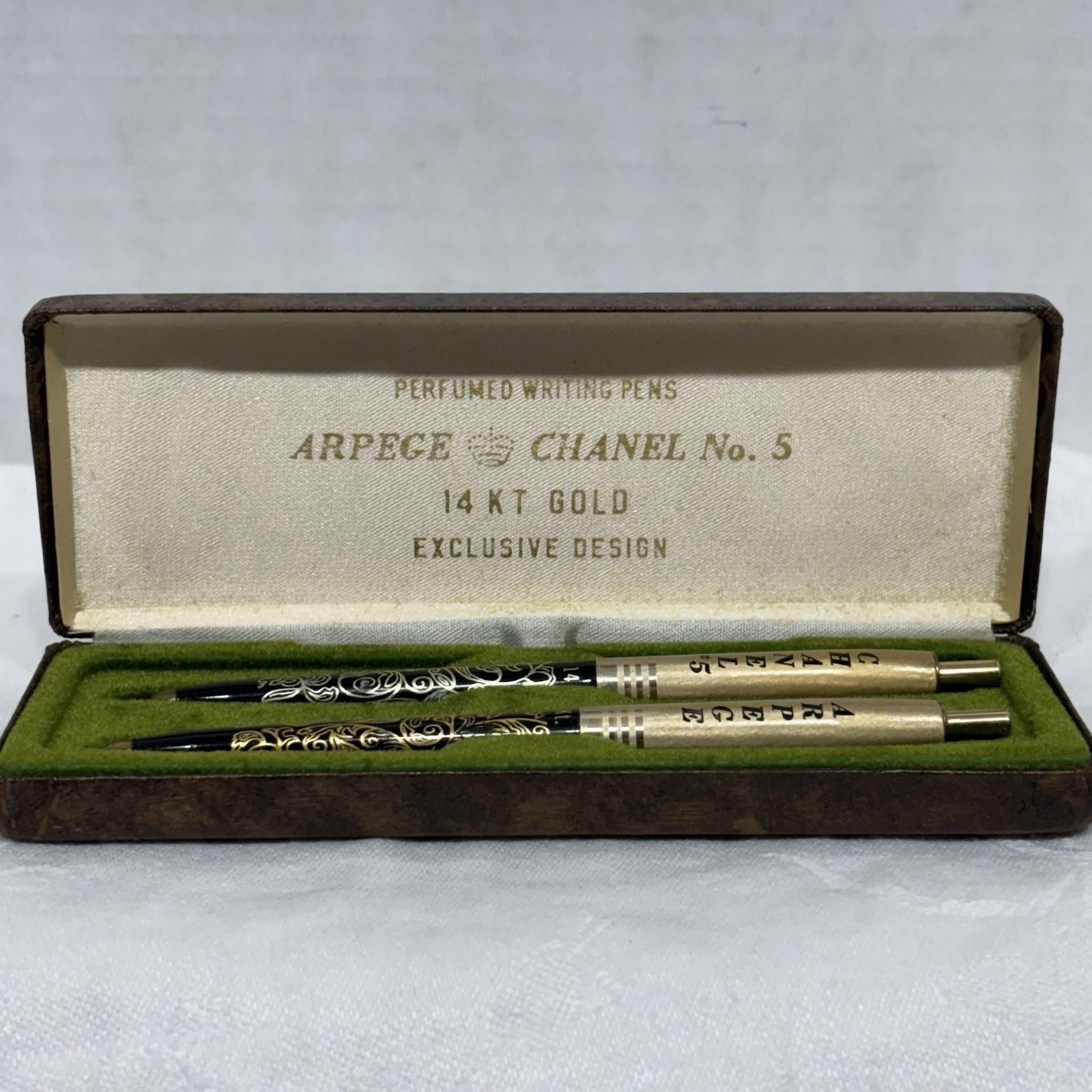 1950s Chanel No.5 Arpege 14 K Gold Filigree Perfumed Ballpoint Pens Org Box