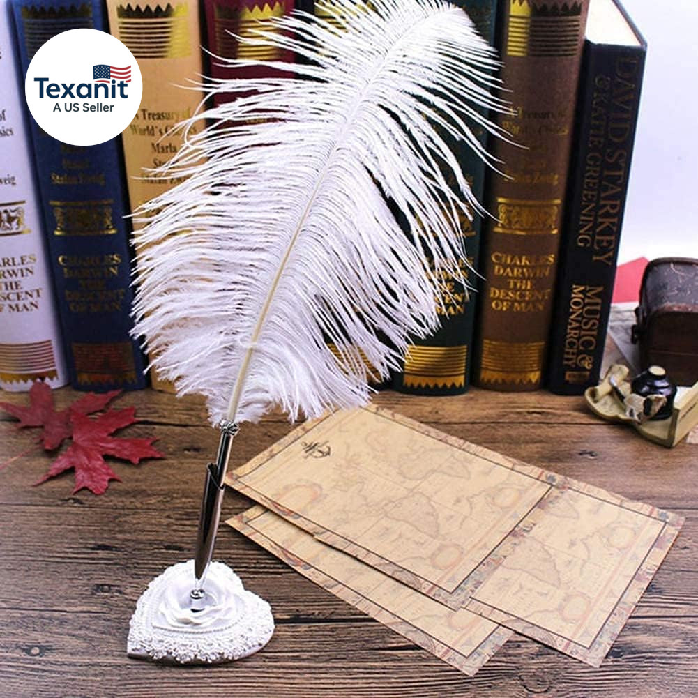 Ostrich Feather Quill Ballpoint Pen, Black Ink Writing Quill Pen for Office Scho