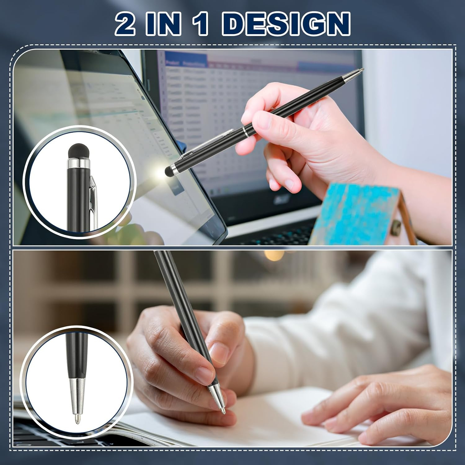 Ballpoint Pen with Stylus Tip, 4Pcs 2 in 1 Slim Metal Black Ink 1.0Mm Medium …