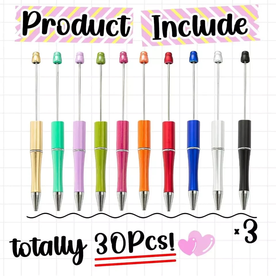 30Pcs Beadable Pens Bulk, Plastic Bead Pen Black Ink Ballpoint Pens, Diy Teacher