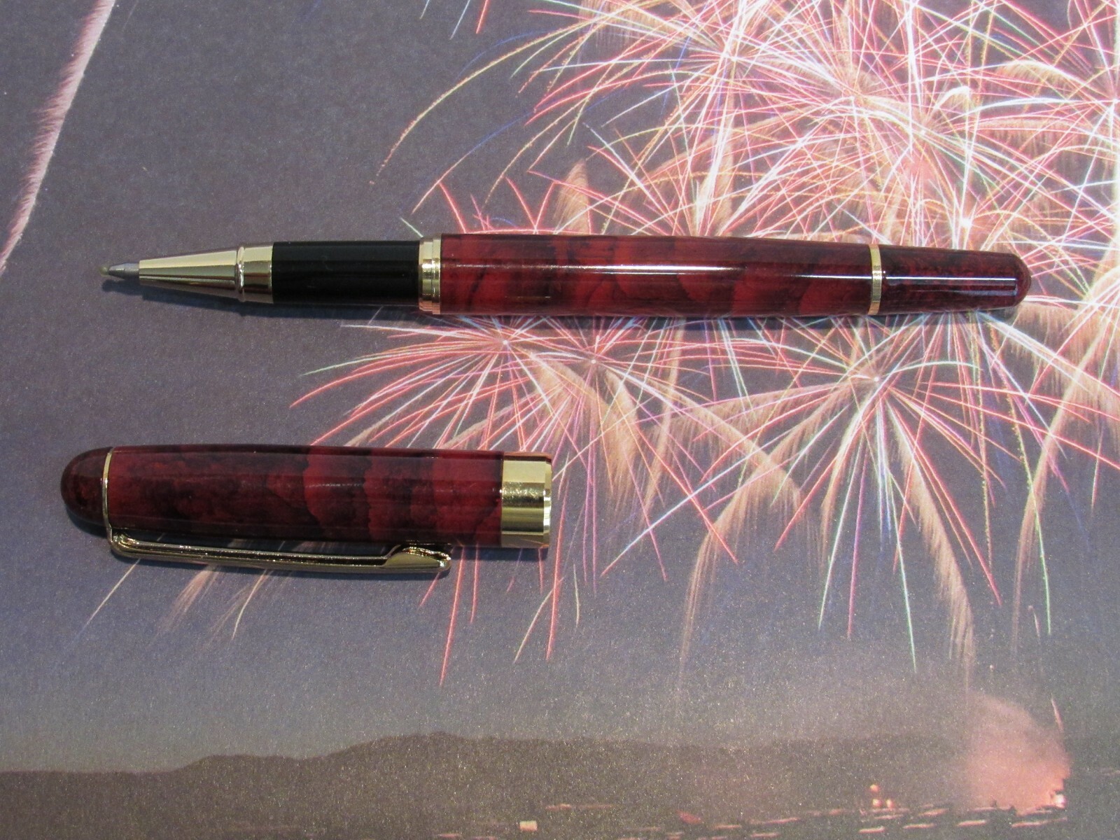 LOT OF 5 TERZETTI PISA MARBLED RED Metal /GT Trim Rollerball Pen+velvet pouch