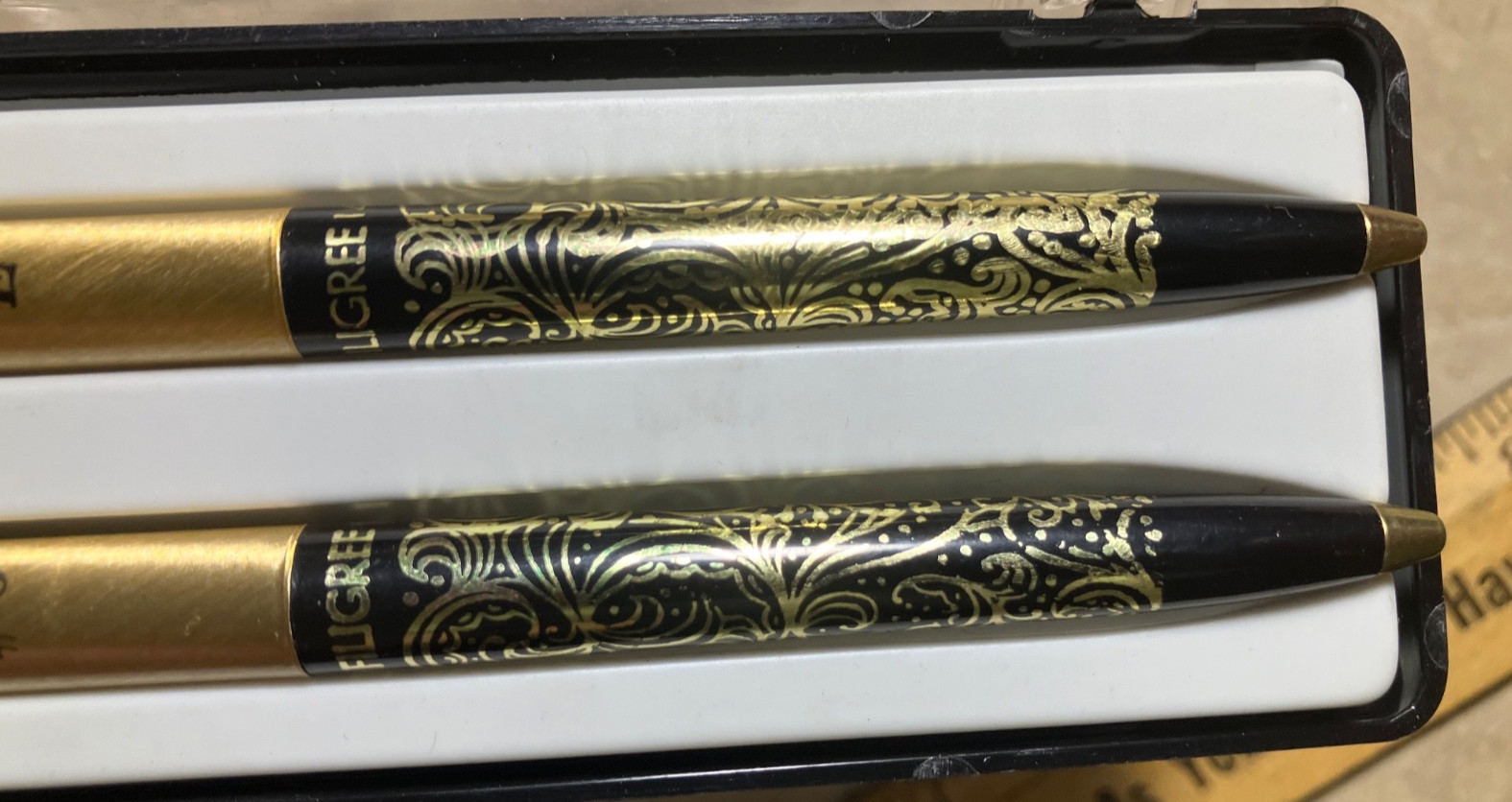 From estate-Vintage 14K filigree Arpege Chanel #5 pens in original box. Read!