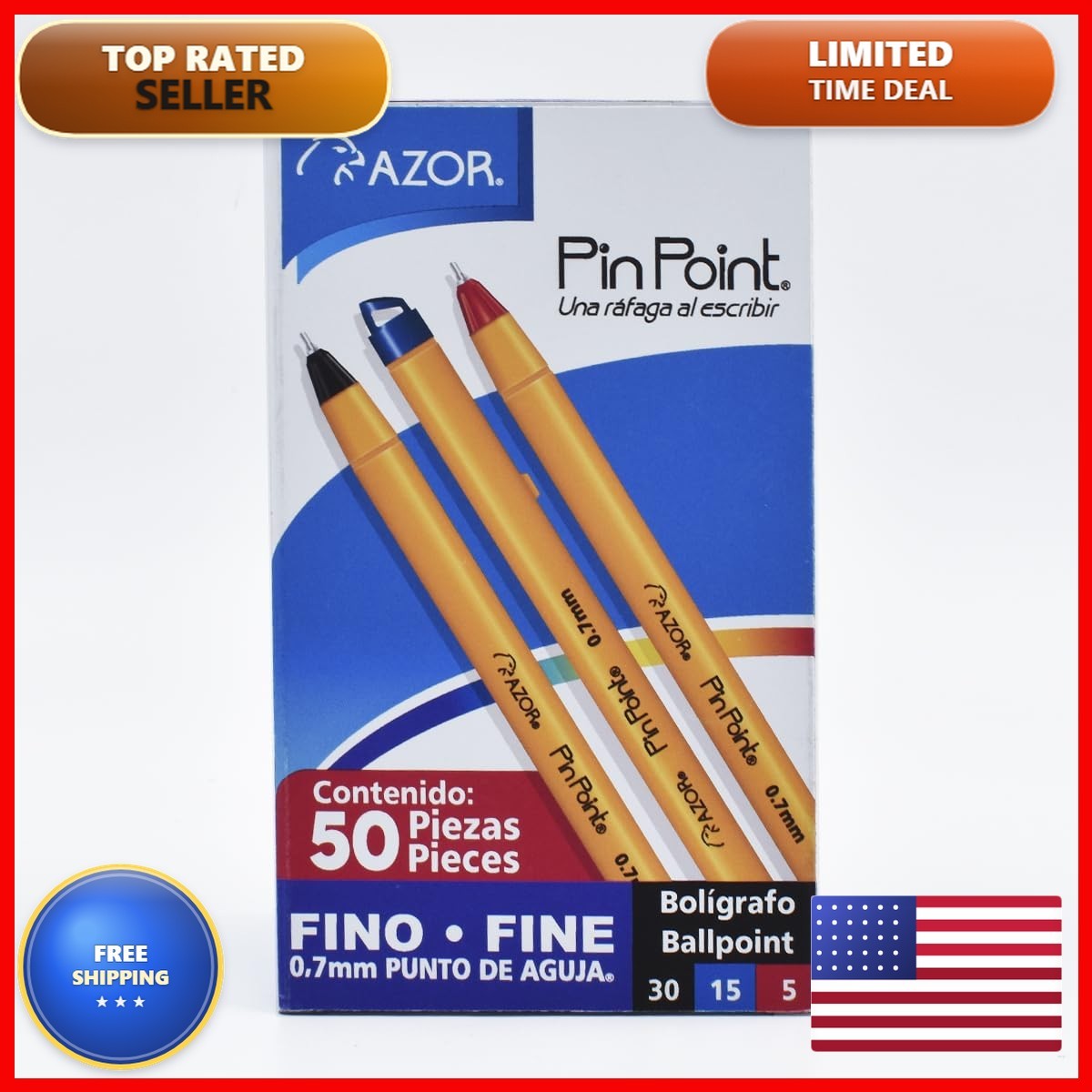 AZOR Pin Point Fine Pens 0.7mm 50 Pack – 30 Black 15 Blue 5 Red Ballpoint