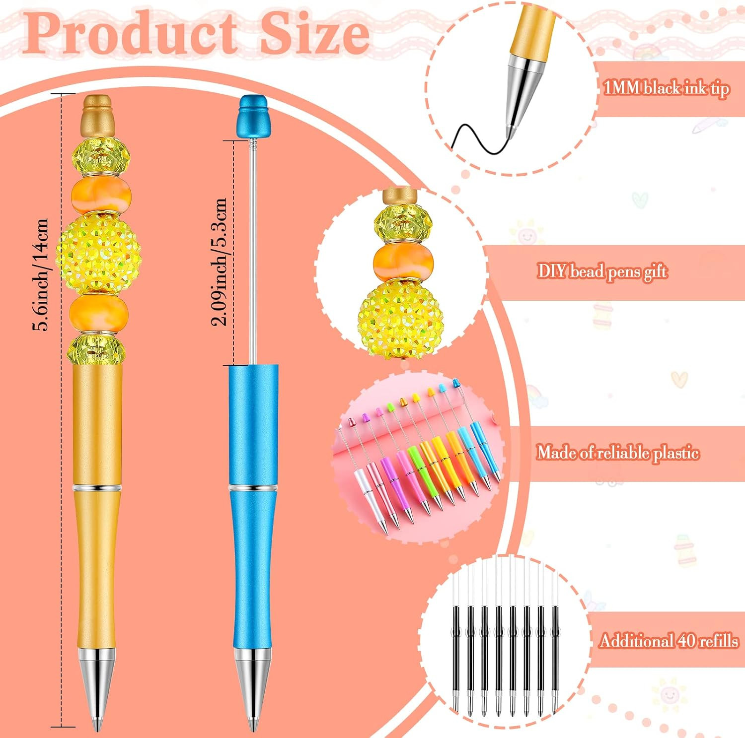Outus 20 Pcs Beadable Pens, Plastic Bead Pens Bulk Colored, Black Ink Beaded