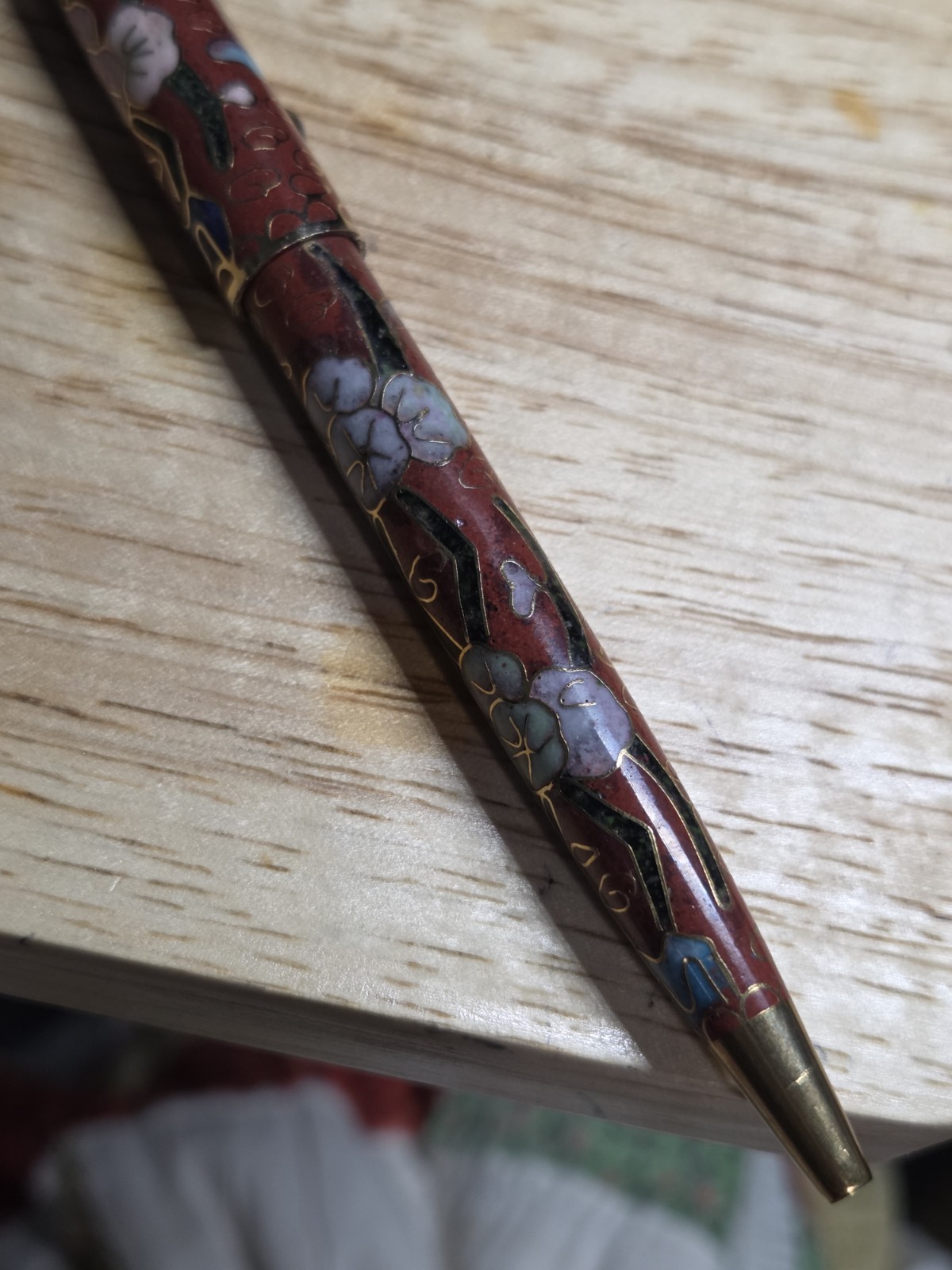 Vintage Late 20th Century Chinese Cloisonne’ Ballpoint Pen Original Brocade Box
