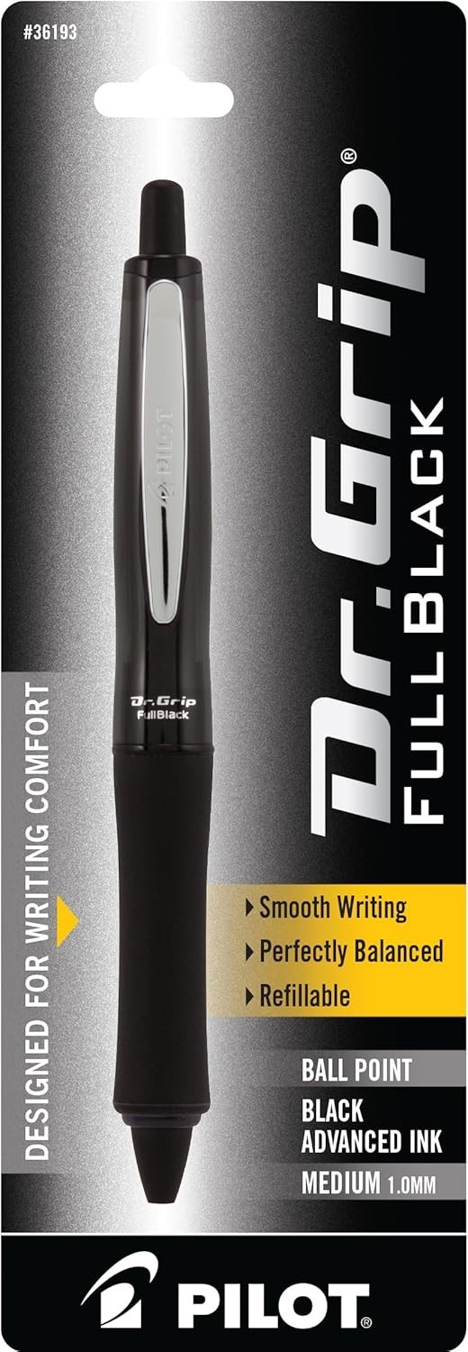 Dr. Grip FullBlack Medium Point Ballpoint Pen – Ergonomic & Refillable Luxury