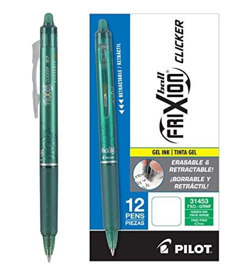 , FriXion Clicker Erasable Gel Pens, Fine Point Pens 0.7 mm, Pack of 12, Green